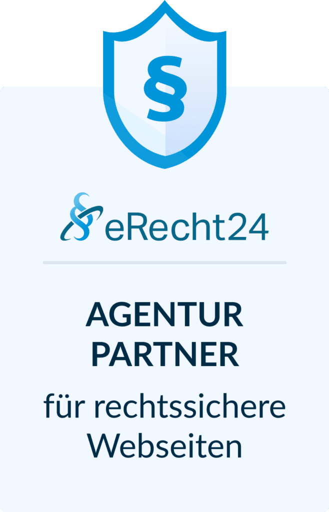 Symbol mit einem Schild und einem Absatzsymbol oben. Der folgende Text lautet: eRecht24 AGENTUR PARTNER für rechtsichere Webseiten.