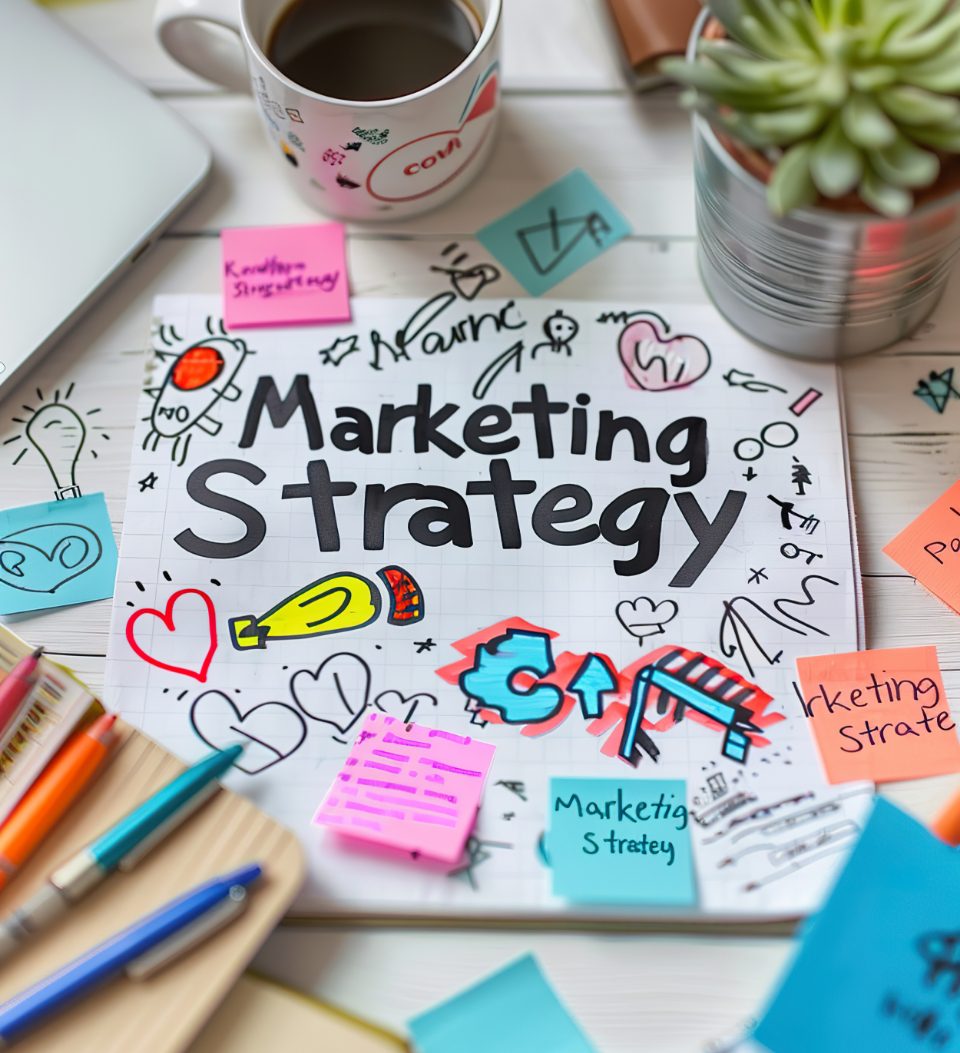 Ein Arbeitsplatz mit einem Notizbuch mit dem Titel „Marketingstrategie“ auf dem Cover, umgeben von bunten Kritzeleien. Haftnotizen, ein Laptop, eine Kaffeetasse und ein Topf mit Sukkulenten vervollständigen das lebendige Ambiente und suggerieren eine kreative Brainstorming-Sitzung.