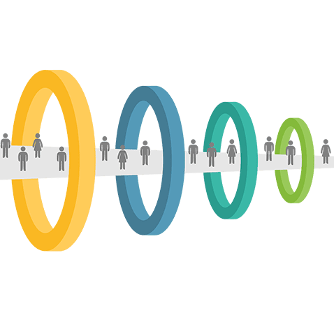 Abstrakte Grafik aus sich überlappenden sechseckigen Ringen in Orange, Blau, Blaugrün und Grün. Jeder Ring enthält Silhouetten von Menschen, die Verbindung oder Fortschritt symbolisieren. Das Design ist vor einem schlichten weißen Hintergrund platziert.