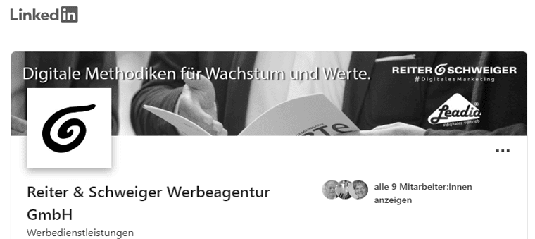 LinkedIn-Seite der Reiter & Schweiger Werbeagentur GmbH. Im Header steht der Text Digitale Methoden für Wachstum und Werte und Reiter & Schweiger #DigitalesMarketing. Es gibt ein Logo, das einem g ähnelt.