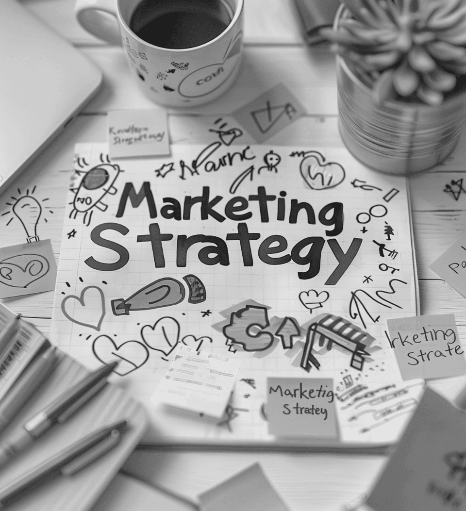 Schwarz-Weiß-Bild eines Schreibtischs mit einem Notizblock mit der Aufschrift „Marketingstrategie“, umgeben von Kritzeleien mit Glühbirnen, Pfeilen und Herzen. Daneben befinden sich Haftnotizen, Stifte, eine Pflanze und eine Kaffeetasse.