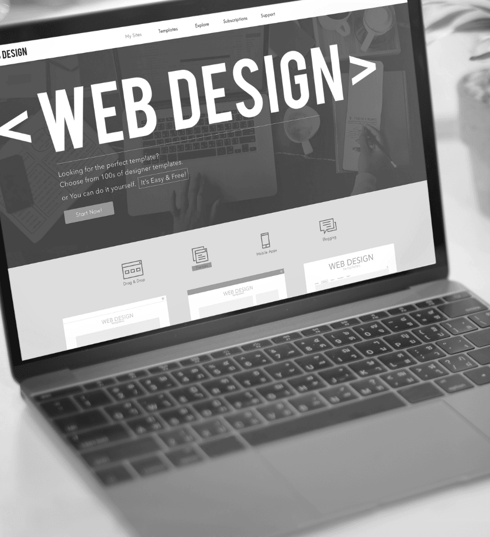 Auf einem Laptop wird eine Website mit der fettgedruckten Überschrift „WEBDESIGN“ angezeigt. Der Bildschirm zeigt Navigationsmenüoptionen und verschiedene Designvorlagen. Im Hintergrund ist eine Pflanze unscharf zu sehen.
