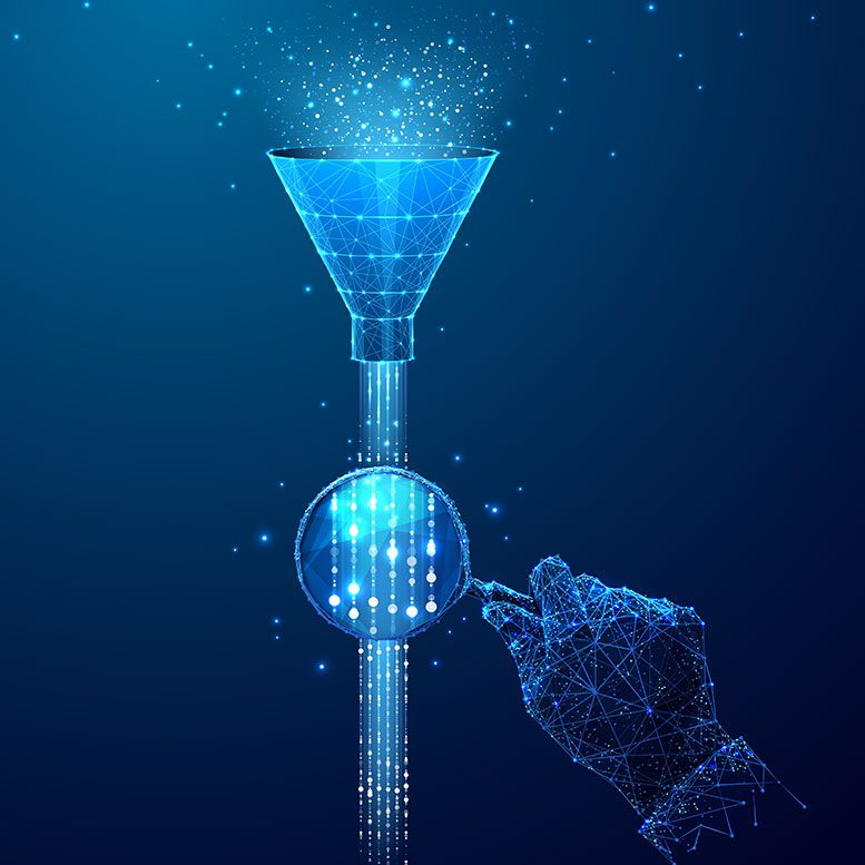 Eine digitale Illustration zeigt einen blauen Trichter, der Datenpartikel in eine Lupe filtert. Eine pixelige Hand zeigt auf die Lupe. Der dunkelblaue Hintergrund vermittelt ein technologisches Thema.