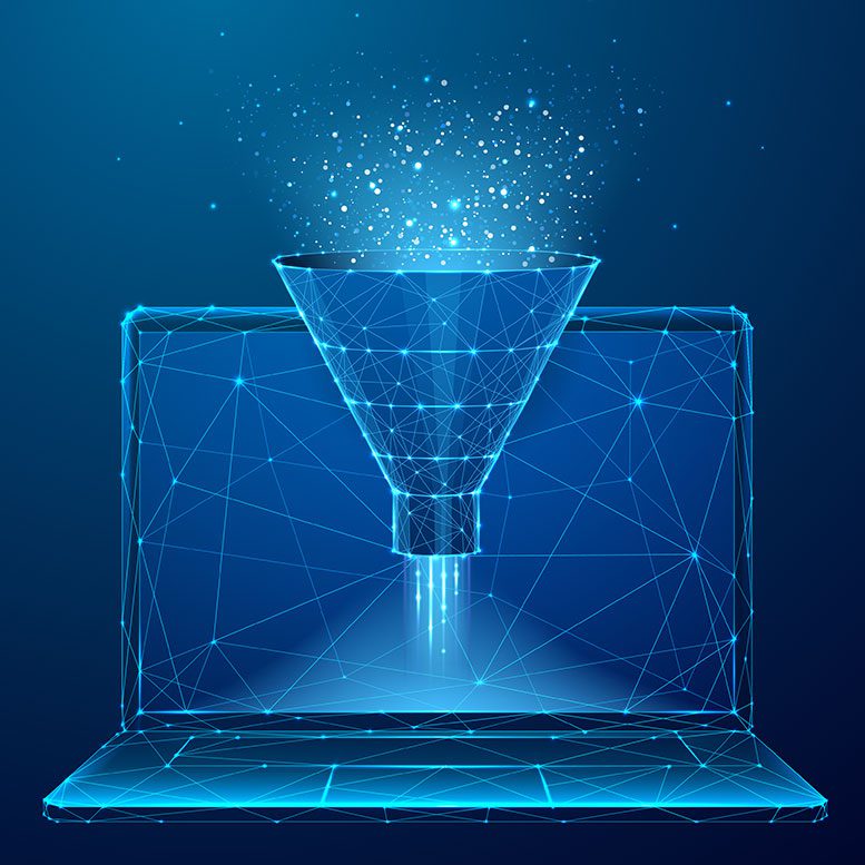 Digitale Illustration eines leuchtenden, Licht ausstrahlenden Trichters vor einem Drahtgitter-Laptop auf dunkelblauem Hintergrund, der Datenfilterung oder KI-Verarbeitung symbolisiert.