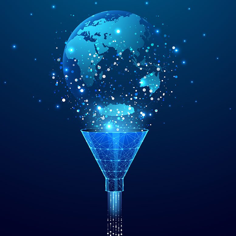 Digitale Kunst, die eine leuchtend blaue Erde zeigt, die sich in zahlreiche kleine Partikel auflöst, die in einen darunter liegenden Drahtgittertrichter fließen, vor einem dunkelblauen Hintergrund mit Sterneneffekt.