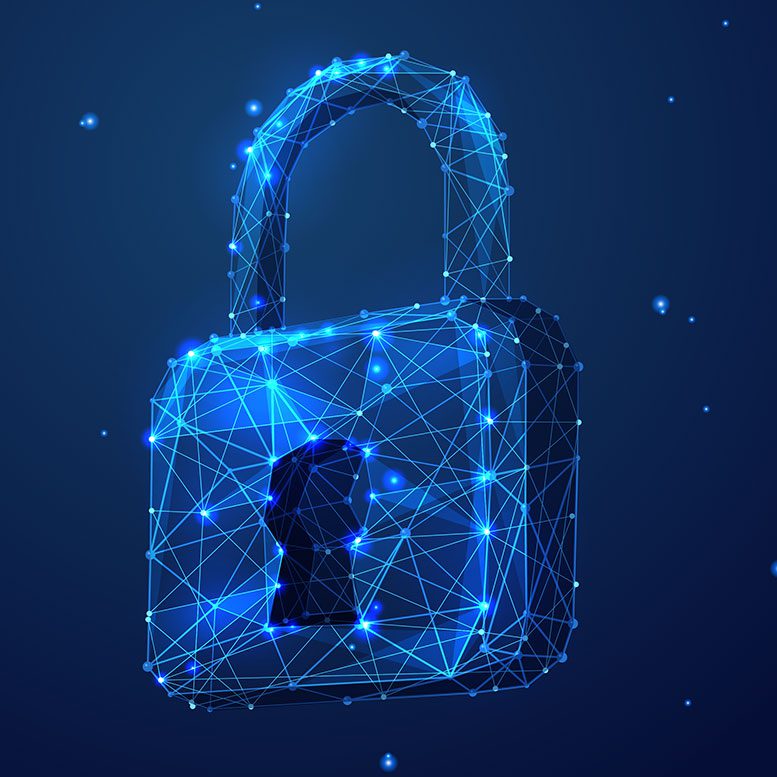 Ein digitales Schloss aus leuchtend blauen Linien und Punkten auf dunklem Hintergrund. Das Schloss wirkt dreidimensional und symbolisiert Cybersicherheit und Datenschutz.