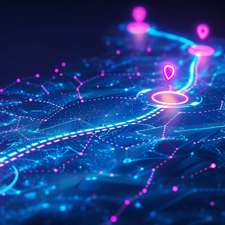 Futuristische digitale Karte mit einem neonblauen und violetten Netzwerk. Leuchtend rosafarbene Standortmarkierungen sind durch einen gepunkteten Pfad auf einem gitterartigen Hintergrund verbunden und vermitteln so den Eindruck technologischer Navigation oder Routenplanung.