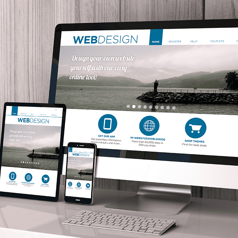 Auf Desktop-Computern, Tablets und Smartphones wird die Website „Webdesign“ angezeigt, die ein malerisches Seeufer mit Bergen zeigt. Die Website bietet Dienste wie App-Downloads, weltweite Website-Erstellung und Theme-Shopping.