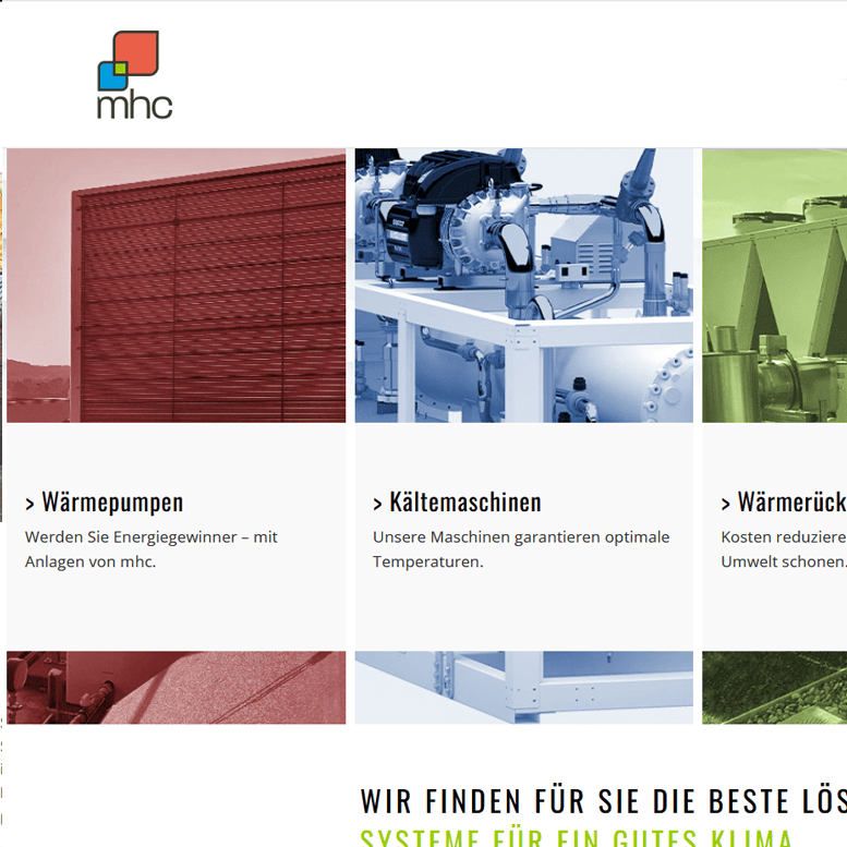 Das Bild zeigt Ausschnitte einer Website mit Energielösungen. Drei Hauptbereiche präsentieren Wärmepumpen, Kältemaschinen und Wärmerückgewinnung mit Bildern und Beschreibungen. Das MHC-Logo befindet sich oben links. Der Text ist in deutscher Sprache.