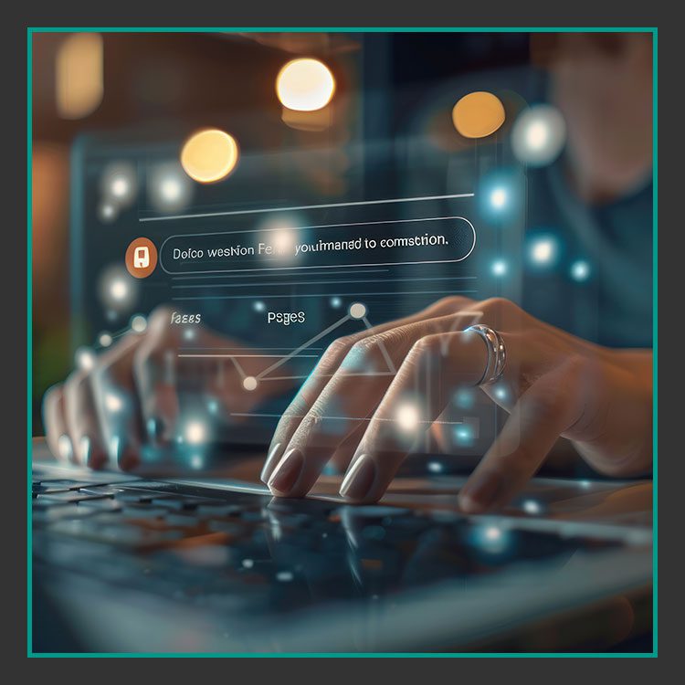 Hände tippen auf einem Laptop mit einer digitalen, futuristischen Benutzeroberfläche. Der Bildschirm zeigt verschwommenen Text und Symbole, leuchtende Verbindungen symbolisieren den Datenfluss. Das Ambiente ist technikorientiert und innovativ.