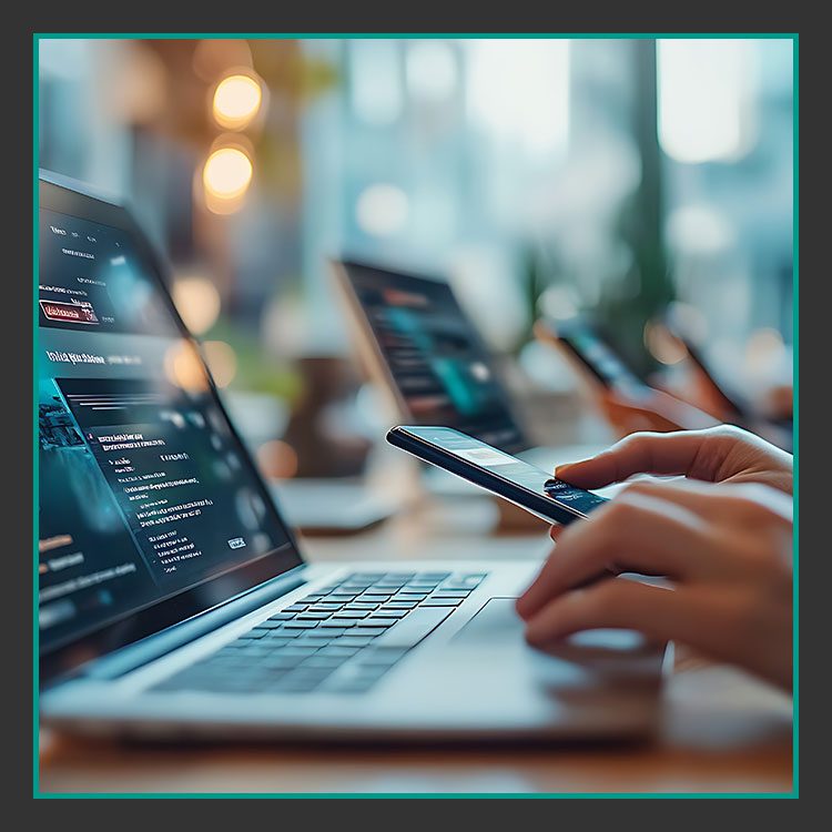 Eine Person nutzt gleichzeitig ein Smartphone und einen Laptop an einem Holzschreibtisch. Im Hintergrund sind mehrere Laptops mit unscharfen Bildschirmen zu sehen. Die Atmosphäre erinnert an ein modernes Büro oder einen Coworking Space.