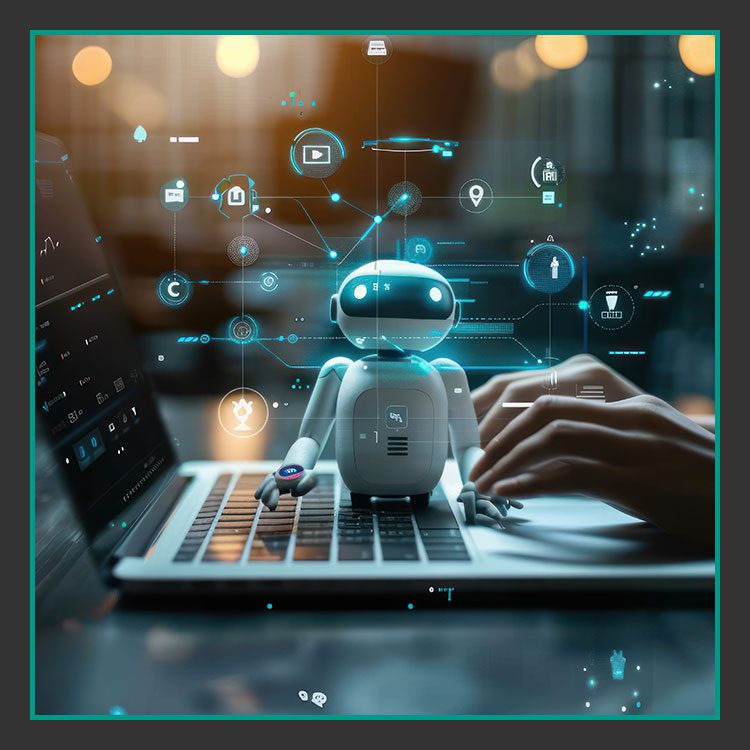 Ein kleiner Roboter sitzt auf einer Laptop-Tastatur, umgeben von digitalen holografischen Symbolen. Menschliche Hände tippen auf dem Laptop. Die Kulisse ist ein schwach beleuchteter Raum, der eine futuristische und hochtechnologische Atmosphäre vermittelt.