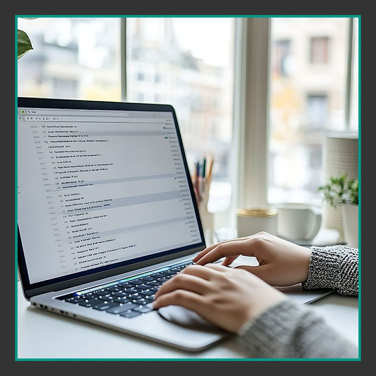 Eine Person tippt auf einem Laptop, der einen E-Mail-Posteingang anzeigt. Der Laptop steht auf einem Schreibtisch in der Nähe eines Fensters. Auf dem Schreibtisch liegen eine Topfpflanze, eine Tasse und Schreibwaren. Durch das Fenster ist ein verschwommener Blick auf die Gebäude draußen möglich.
