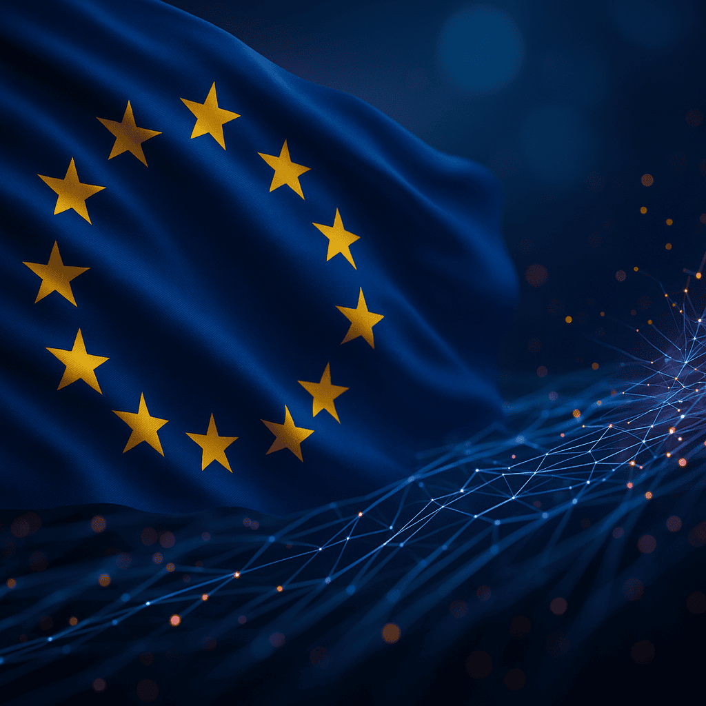 Eine wehende Flagge der Europäischen Union mit gelben Sternen auf blauem Hintergrund, neben einem leuchtenden digitalen Netzwerkmuster, symbolisiert Technologie und Konnektivität in Europa.