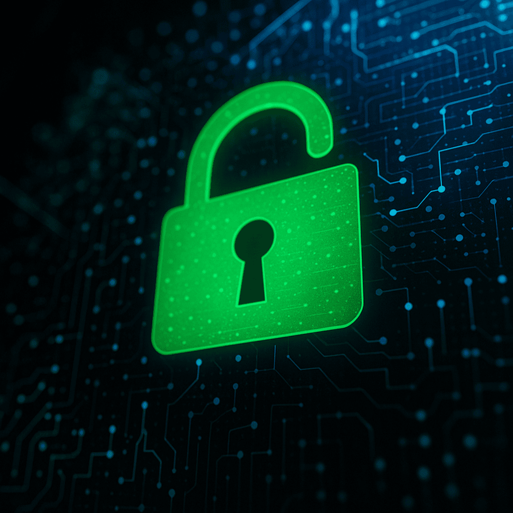 Ein leuchtend grünes Vorhängeschloss-Symbol ist auf einem dunklen digitalen Hintergrund unverschlossen dargestellt und symbolisiert Cybersicherheit bzw. Datenzugriff. Schaltkreisartige Muster sind sichtbar und betonen das technologische Thema.