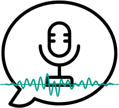 Symbol für Stock Audio: Ein schwarzer Umriss eines Mikrofons in einer Sprechblase, mit blaugrünen Schallwellen