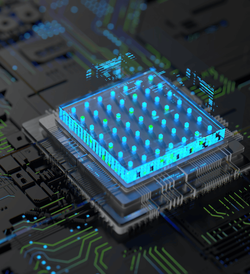 Eine Nahaufnahme eines Computerchips auf einer Leiterplatte mit leuchtenden blauen Lichtern und digitalen holografischen Elementen, die fortschrittliche Technologie oder Quantencomputer symbolisieren.