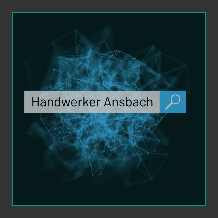 Eine Suchleiste mit dem Text Handwerker Ansbach und einem Lupensymbol auf einem dunklen Hintergrund mit blauen abstrakten geometrischen Linien und Formen.