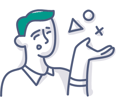 Illustration einer Person mit blaugrünem Haar, die lächelt und mit einer Hand geometrische Formen - ein Dreieck, einen Kreis und ein X - in die Luft wirft. Dies spiegelt die Kreativität wider, die in einer ansprechenden Website-Texte zu finden ist.