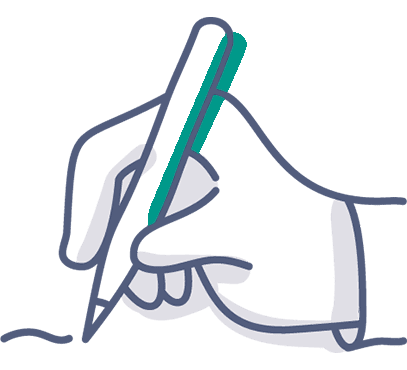 Eine einfache Strichzeichnung einer Hand, die einen Stift hält und auf einer Fläche schreibt, mit einer verschnörkelten Linie, die anzeigt, dass ein Website-Text verfasst wird.