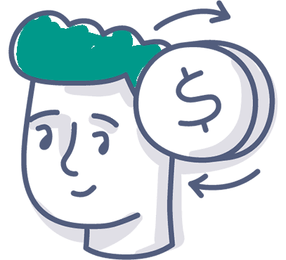 Eine einfache Illustration des Kopfes einer Person mit einer Münze mit einem Dollar-Zeichen in der Nähe und Pfeile um, was auf finanzielles Denken oder Geld im Kopf hinweist.