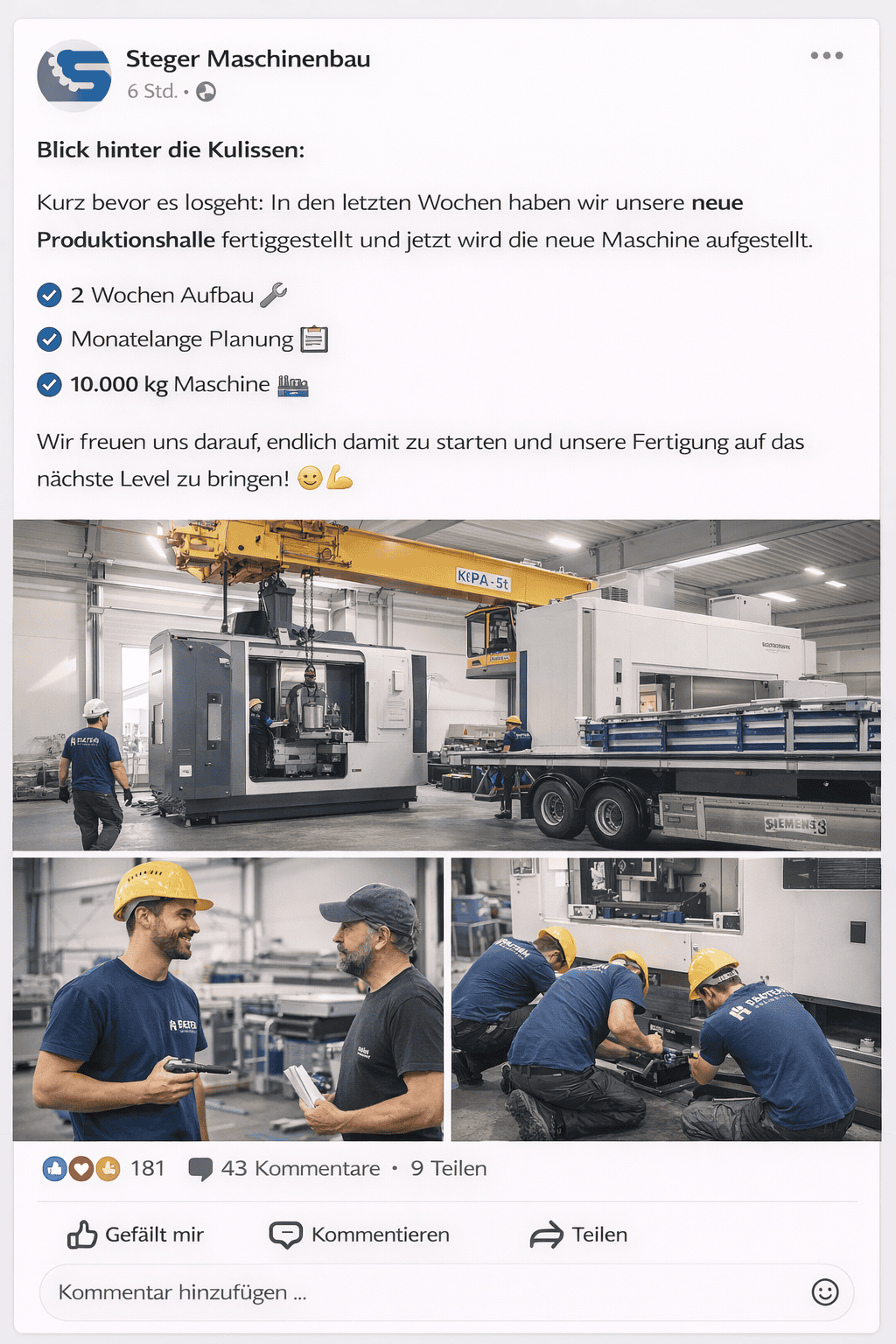 Arbeiter installieren eine Maschine in einer Fabrik nach 2 Wochen Aufbau und monatelanger Planung.