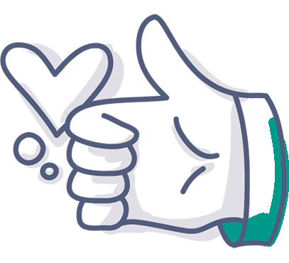 Illustration einer Hand im Cartoon-Stil, die den Daumen nach oben streckt, wobei der Daumen die Form eines Herzens hat und kleine Kreise in der Nähe sind. Die Hand hat eine tealfarbene Manschette.