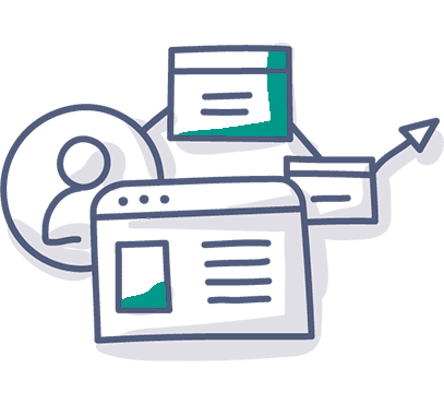 Eine vereinfachte Darstellung zeigt ein Benutzersymbol, eine Webseite, Diagramme und einen nach oben zeigenden Pfeil, der für Webanalyse oder Online-Datenwachstum steht. Einige Bereiche sind grün hervorgehoben.