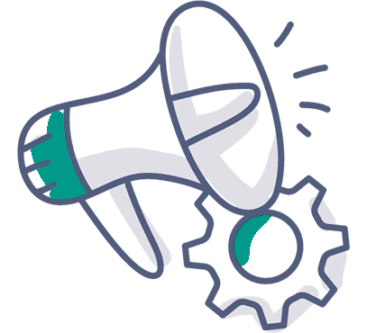 Illustration eines Megaphons neben einem Zahnrad, das Marketing, Kommunikation oder Werbung in Verbindung mit Einstellungen oder technischen Aspekten symbolisiert.