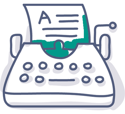 Eine einfache, handgezeichnete Illustration einer Schreibmaschine mit einem eingelegten Blatt Papier mit einem großen Buchstaben A und drei Zeilen Text auf dem Papier.