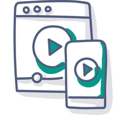 Eine einfache Strichzeichnung eines Tablets und eines Smartphones, die jeweils eine Wiedergabetaste aufweisen und die Medien- oder Videowiedergabe auf mehreren Geräten darstellen.