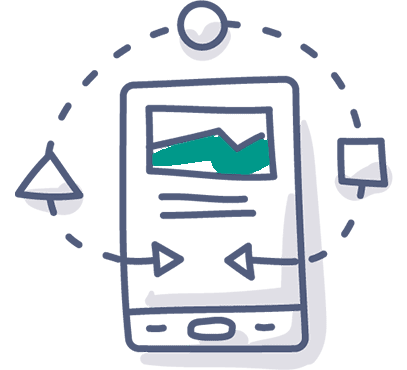 Eine stilisierte Zeichnung eines Smartphones, das ein Liniendiagramm auf dem Bildschirm anzeigt, umgeben von geometrischen Symbolen, darunter ein Dreieck, ein Kreis und ein Quadrat, die durch gestrichelte Linien miteinander verbunden sind.