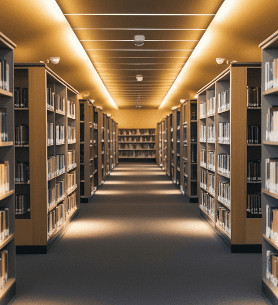 Ein gut beleuchteter Bibliotheksgang mit hohen Bücherregalen auf beiden Seiten, gefüllt mit fein säuberlich geordneten Büchern und Website-Texten, und einem Teppichboden, der zu weiteren Regalen im Hintergrund führt.