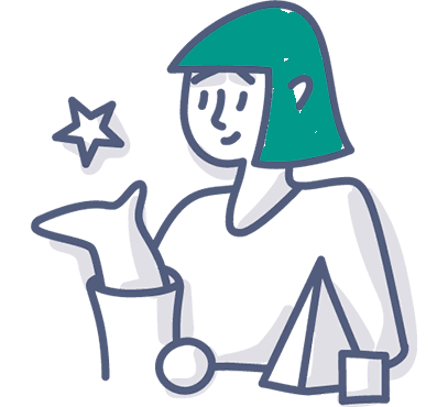 Eine einfache Illustration einer Person mit grünem Haar, die einen Stern und eine Delphinpuppe hält, mit geometrischen Formen wie einem Kegel und einer Kugel auf dem Tisch vor ihnen.