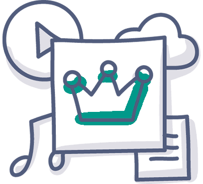 Eine stilisierte Zeichnung zeigt eine Wiedergabetaste, eine Wolke, ein Dokument und eine Musiknote, wobei in der Mitte ein Kronensymbol zu sehen ist.